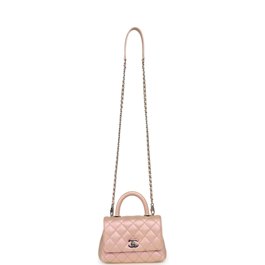 Micro Coco Top Handle Flap Iridescent Pink Shiny Caviar Mixed Metal Hardware