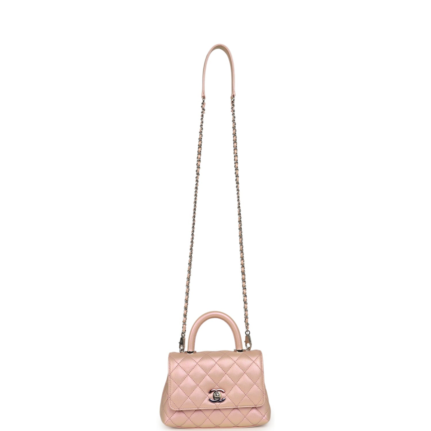 Micro Coco Top Handle Flap Iridescent Pink Shiny Caviar Mixed Metal Hardware
