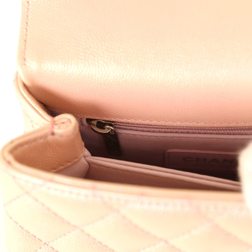 Micro Coco Top Handle Flap Iridescent Pink Shiny Caviar Mixed Metal Hardware