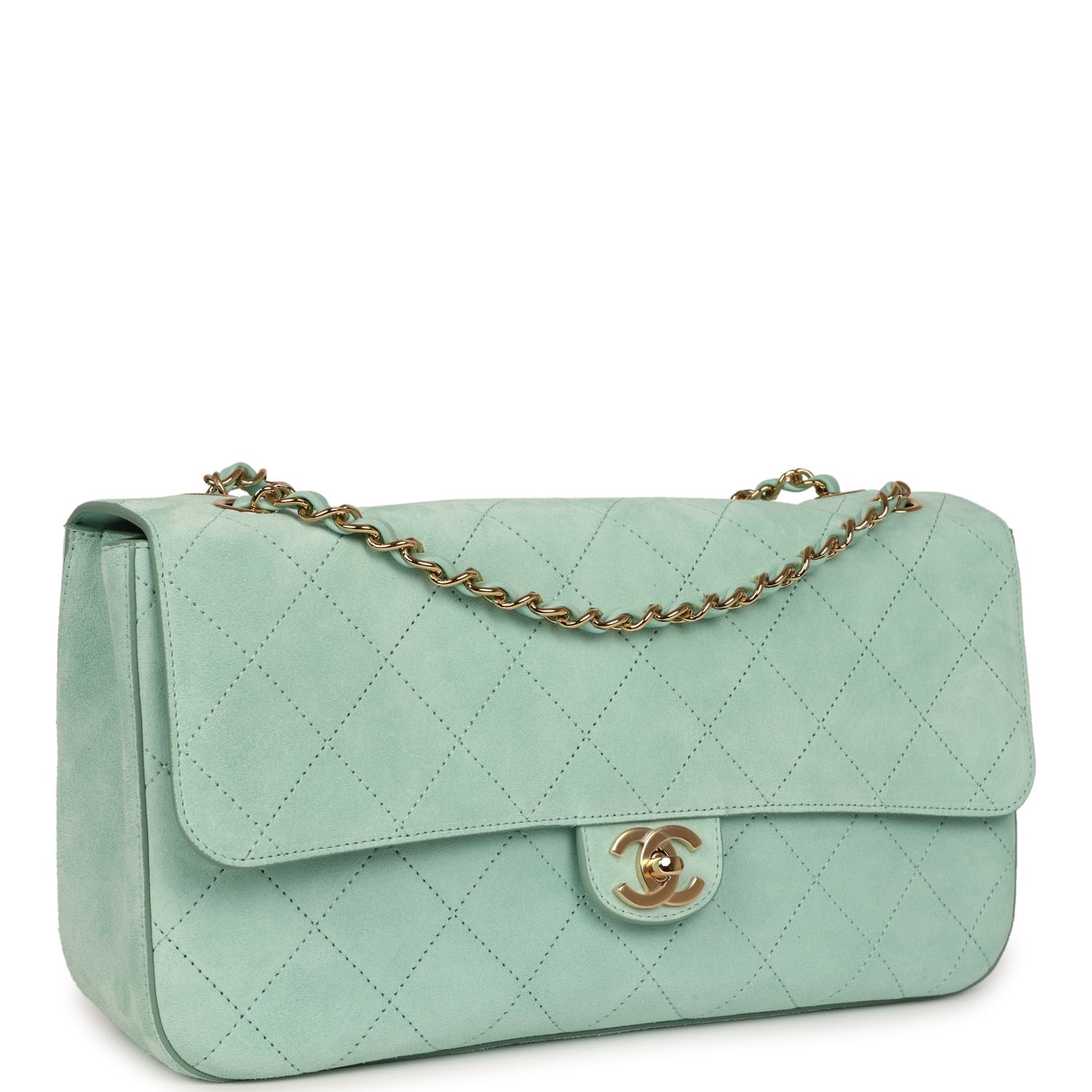 Maxi "Souplissimo" Small Flap Bag Green Beige Suede Gold Hardware