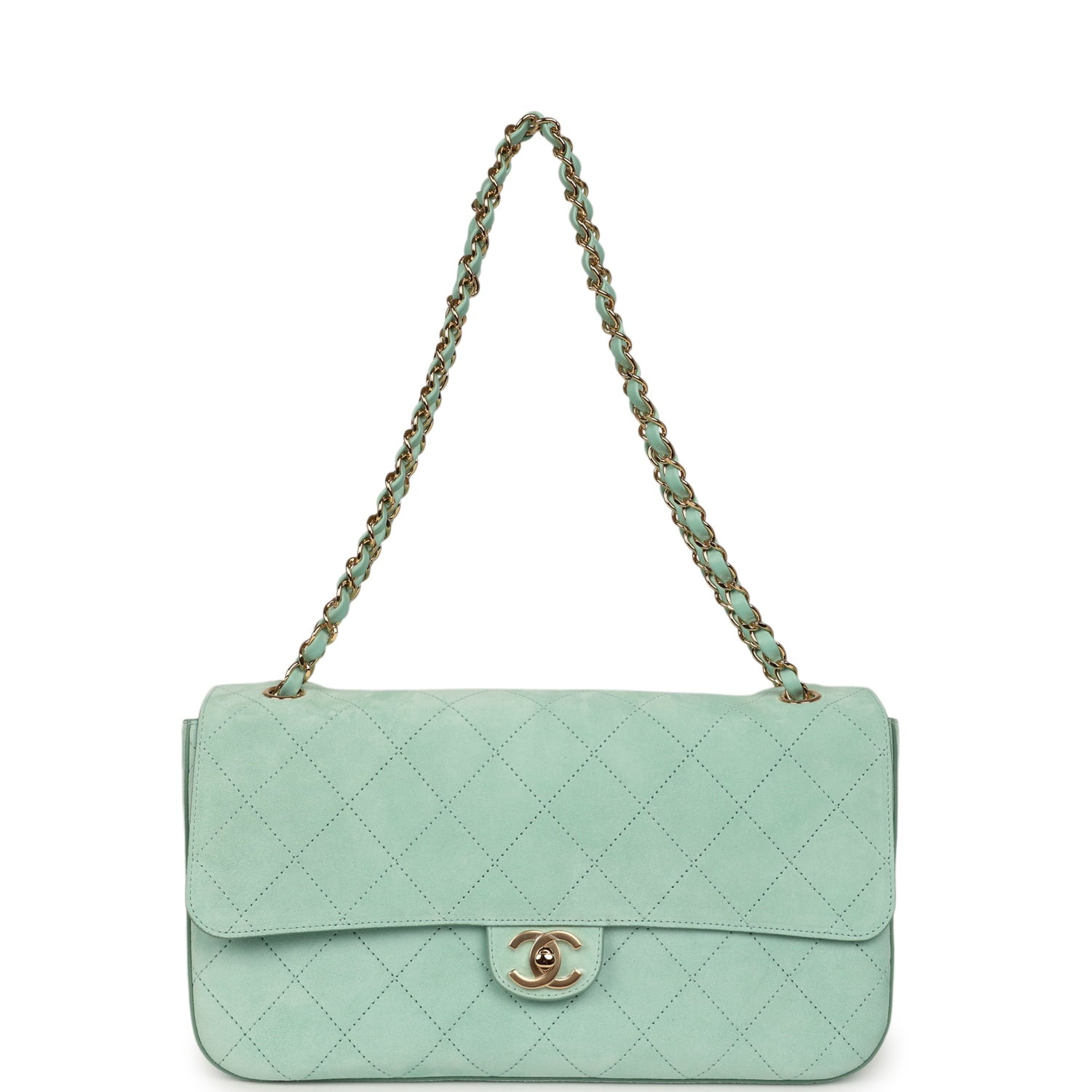 Maxi "Souplissimo" Small Flap Bag Green Beige Suede Gold Hardware