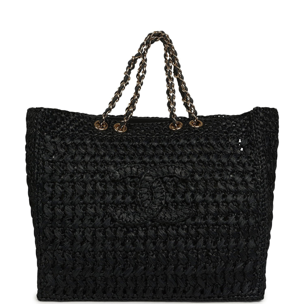 Coco Beach CC Shopping Tote Black Raffia and Calfskin Gold Hardware