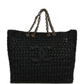 Coco Beach CC Shopping Tote Black Raffia and Calfskin Gold Hardware
