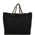 Coco Beach CC Shopping Tote Black Raffia and Calfskin Gold Hardware