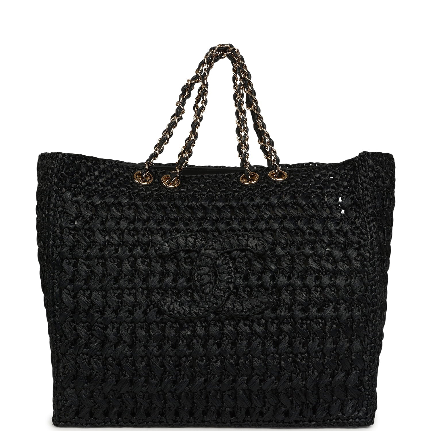 Coco Beach CC Shopping Tote Black Raffia and Calfskin Gold Hardware