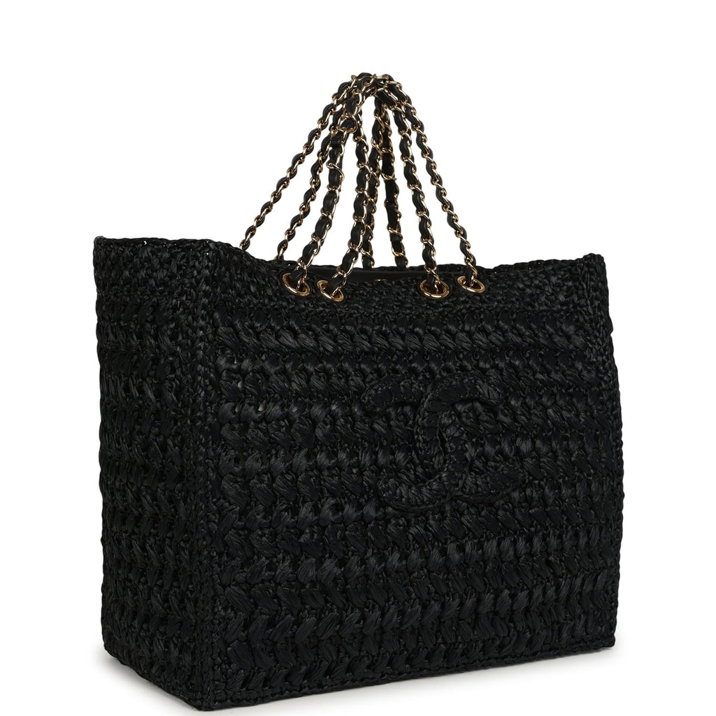 Coco Beach CC Shopping Tote Black Raffia and Calfskin Gold Hardware