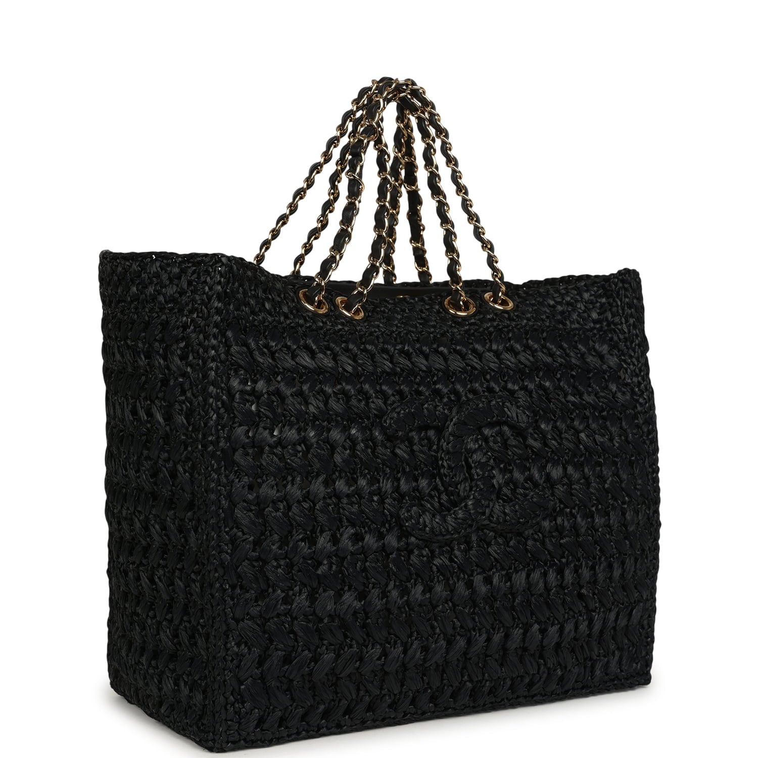 Coco Beach CC Shopping Tote Black Raffia and Calfskin Gold Hardware