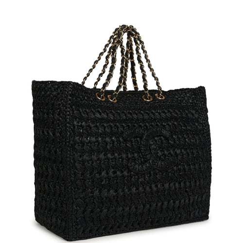 Coco Beach CC Shopping Tote Black Raffia and Calfskin Gold Hardware