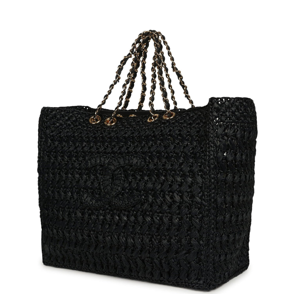 Coco Beach CC Shopping Tote Black Raffia and Calfskin Gold Hardware