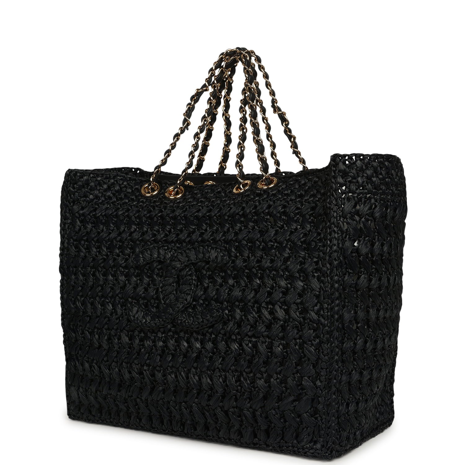 Coco Beach CC Shopping Tote Black Raffia and Calfskin Gold Hardware