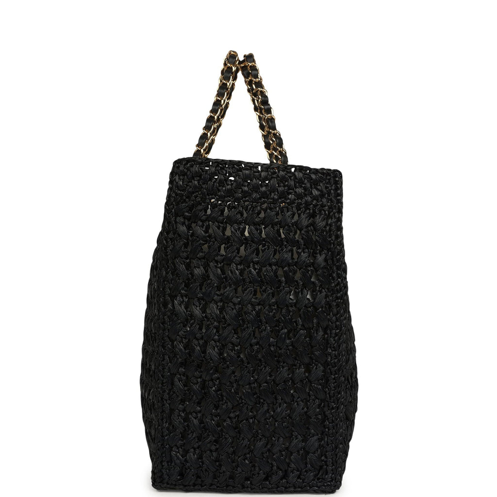 Coco Beach CC Shopping Tote Black Raffia and Calfskin Gold Hardware