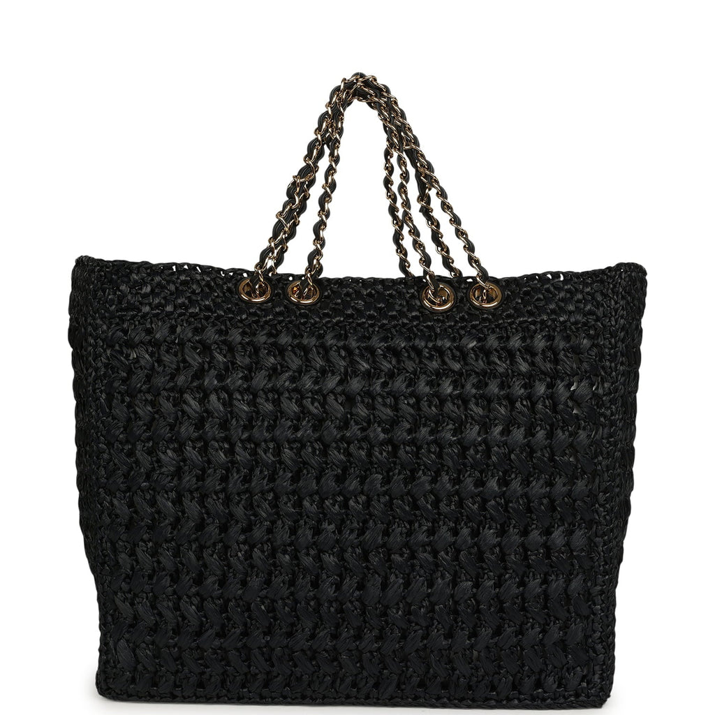 Coco Beach CC Shopping Tote Black Raffia and Calfskin Gold Hardware
