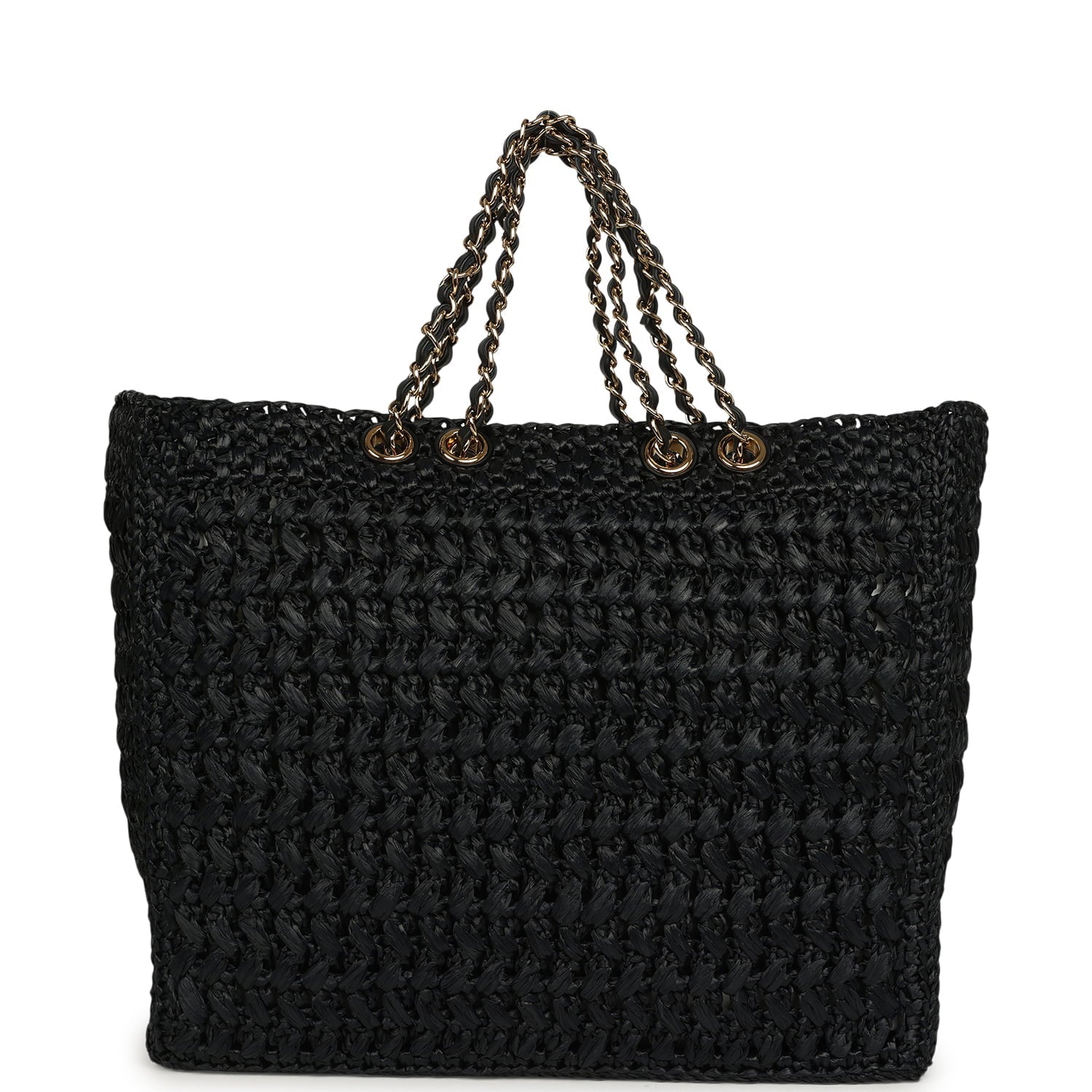 Coco Beach CC Shopping Tote Black Raffia and Calfskin Gold Hardware