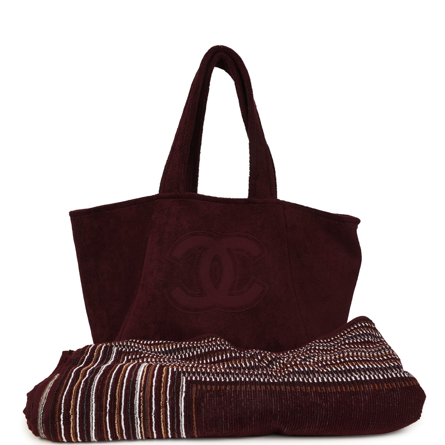 Coco Beach CC Beach Tote Bag & Towel Set Burgundy Terry Silver Hardware