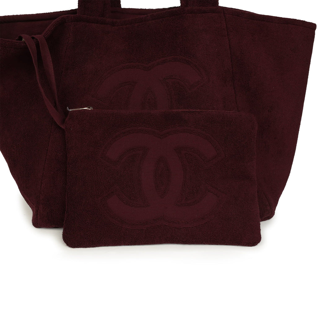 Coco Beach CC Beach Tote Bag & Towel Set Burgundy Terry Silver Hardware