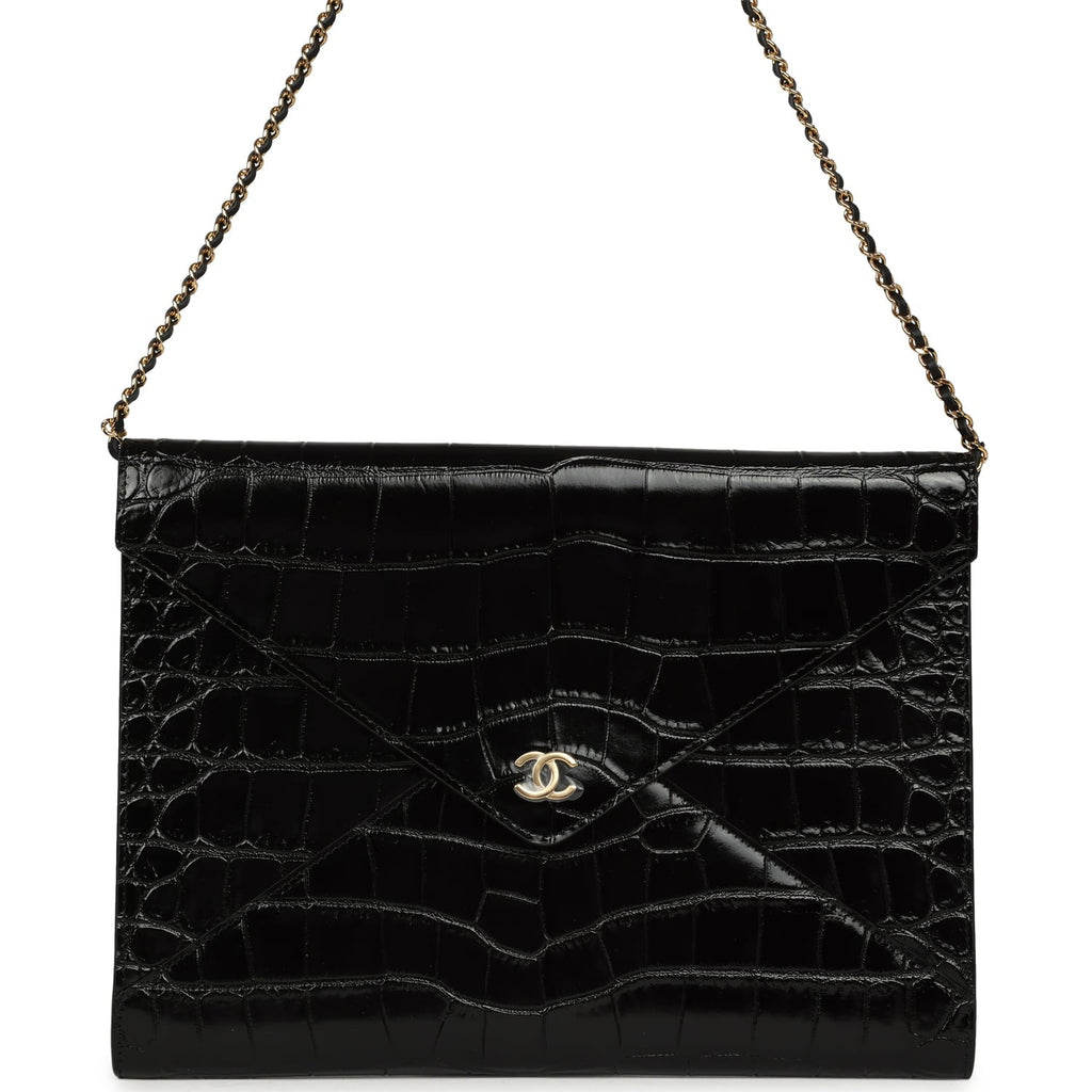 Envelope Clutch with Chain Black Croc Embossed Calfskin Gold Hardware
