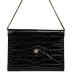 Envelope Clutch with Chain Black Croc Embossed Calfskin Gold Hardware