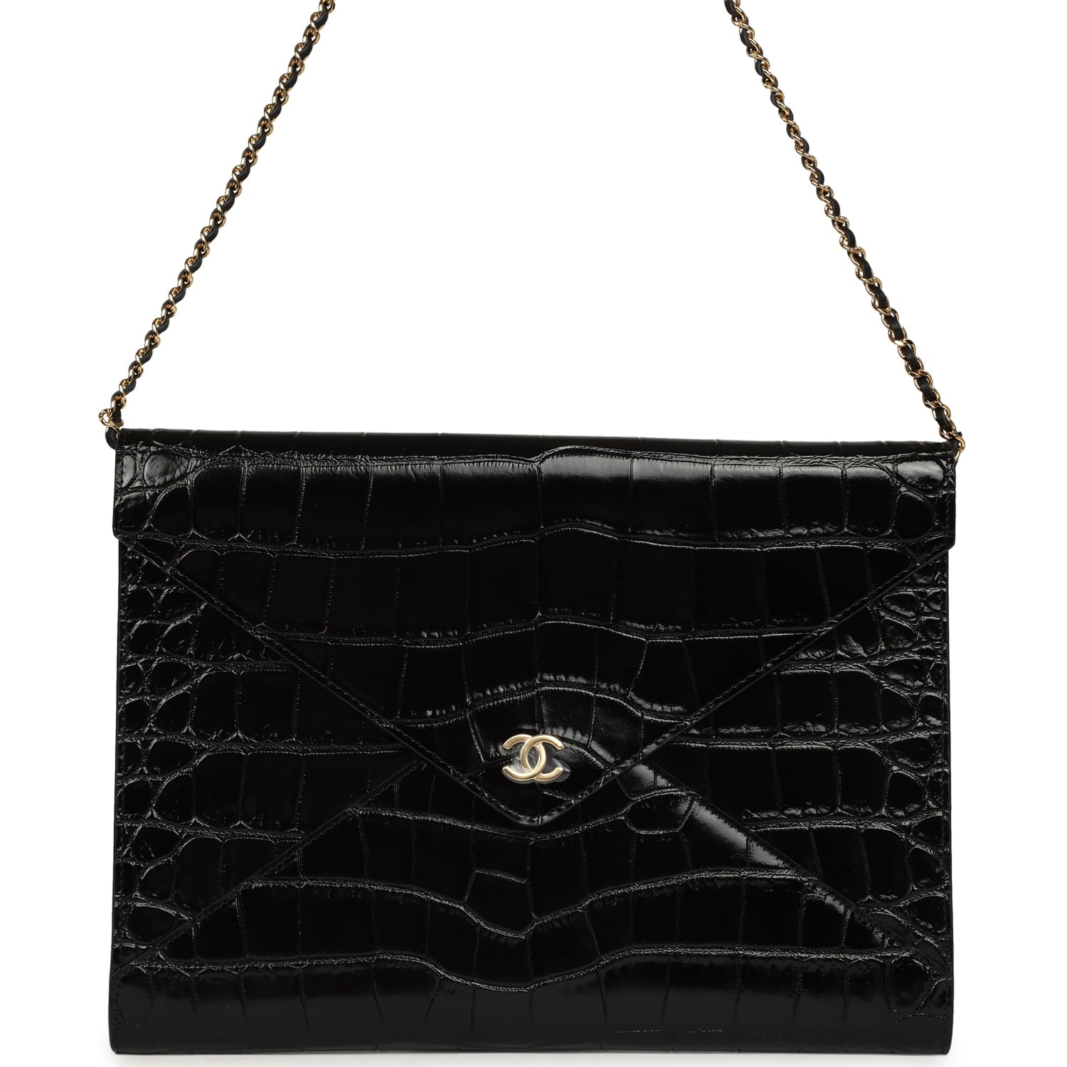 Envelope Clutch with Chain Black Croc Embossed Calfskin Gold Hardware