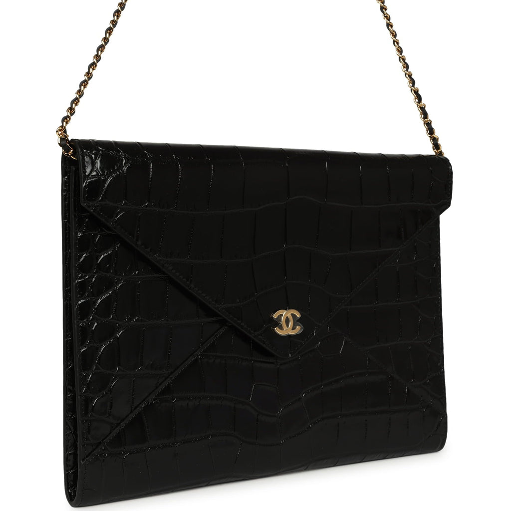 Envelope Clutch with Chain Black Croc Embossed Calfskin Gold Hardware