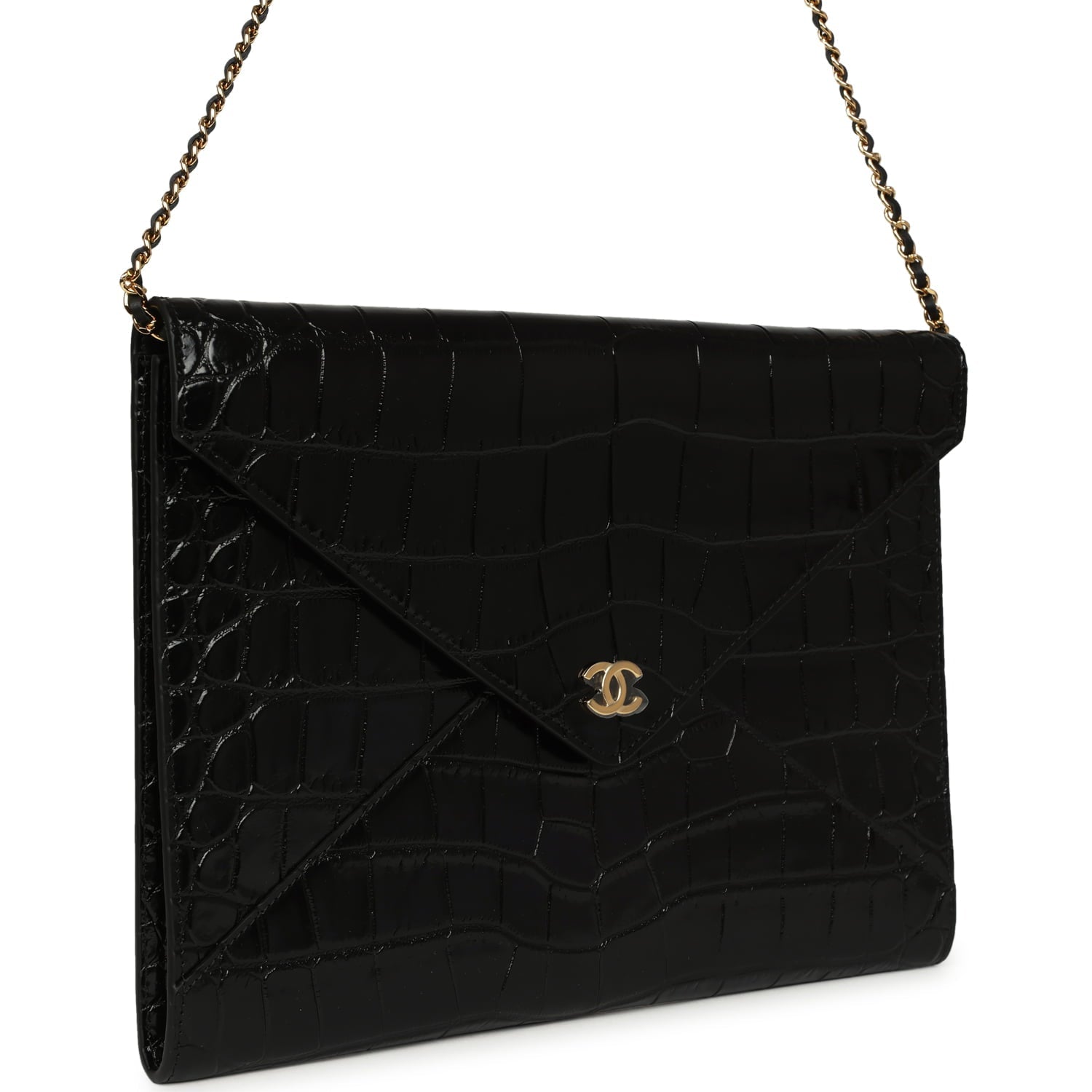 Envelope Clutch with Chain Black Croc Embossed Calfskin Gold Hardware