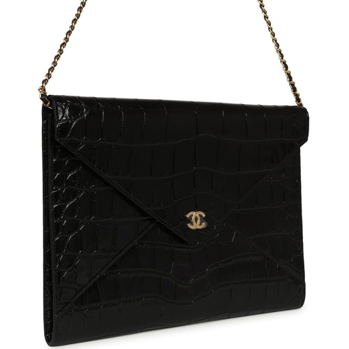 Envelope Clutch with Chain Black Croc Embossed Calfskin Gold Hardware