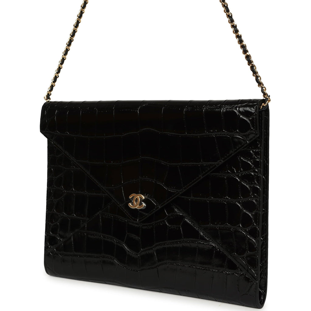 Envelope Clutch with Chain Black Croc Embossed Calfskin Gold Hardware