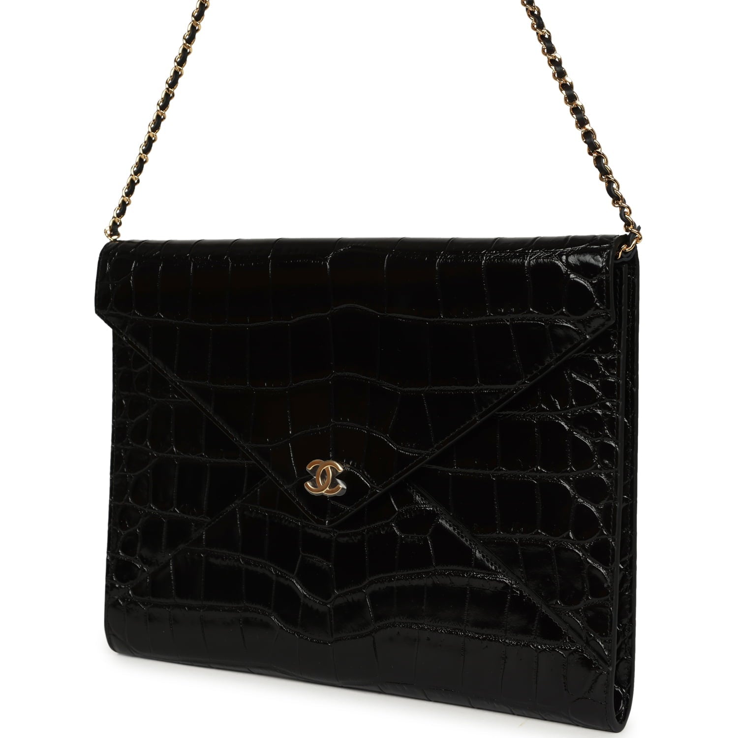 Envelope Clutch with Chain Black Croc Embossed Calfskin Gold Hardware