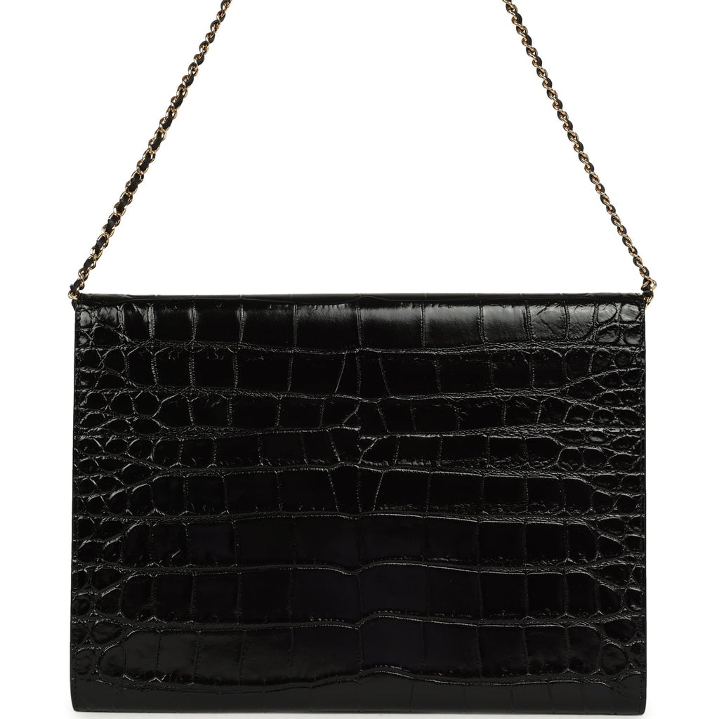 Envelope Clutch with Chain Black Croc Embossed Calfskin Gold Hardware