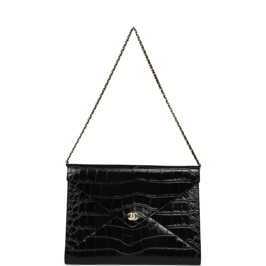 Envelope Clutch with Chain Black Croc Embossed Calfskin Gold Hardware
