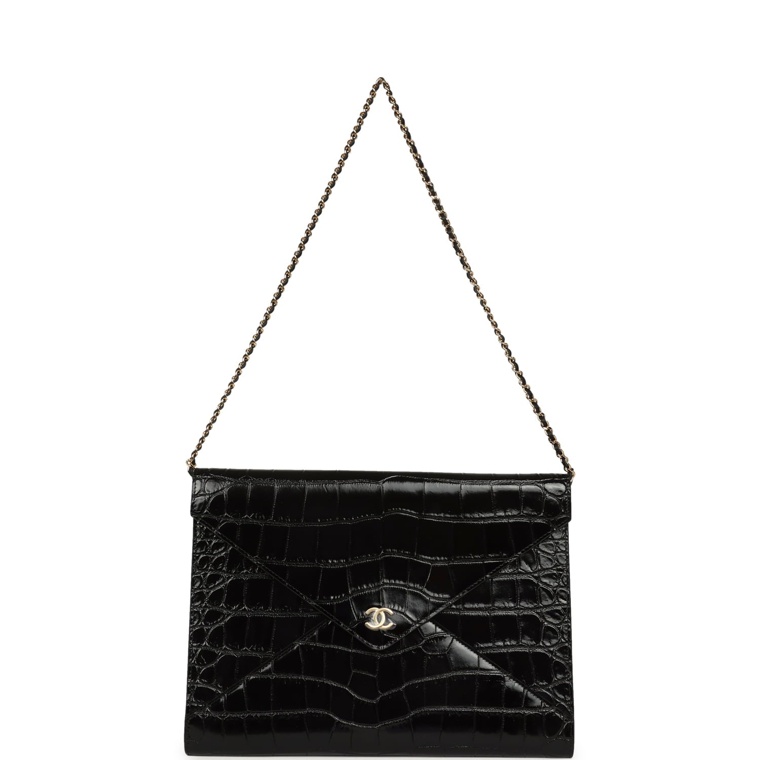 Envelope Clutch with Chain Black Croc Embossed Calfskin Gold Hardware