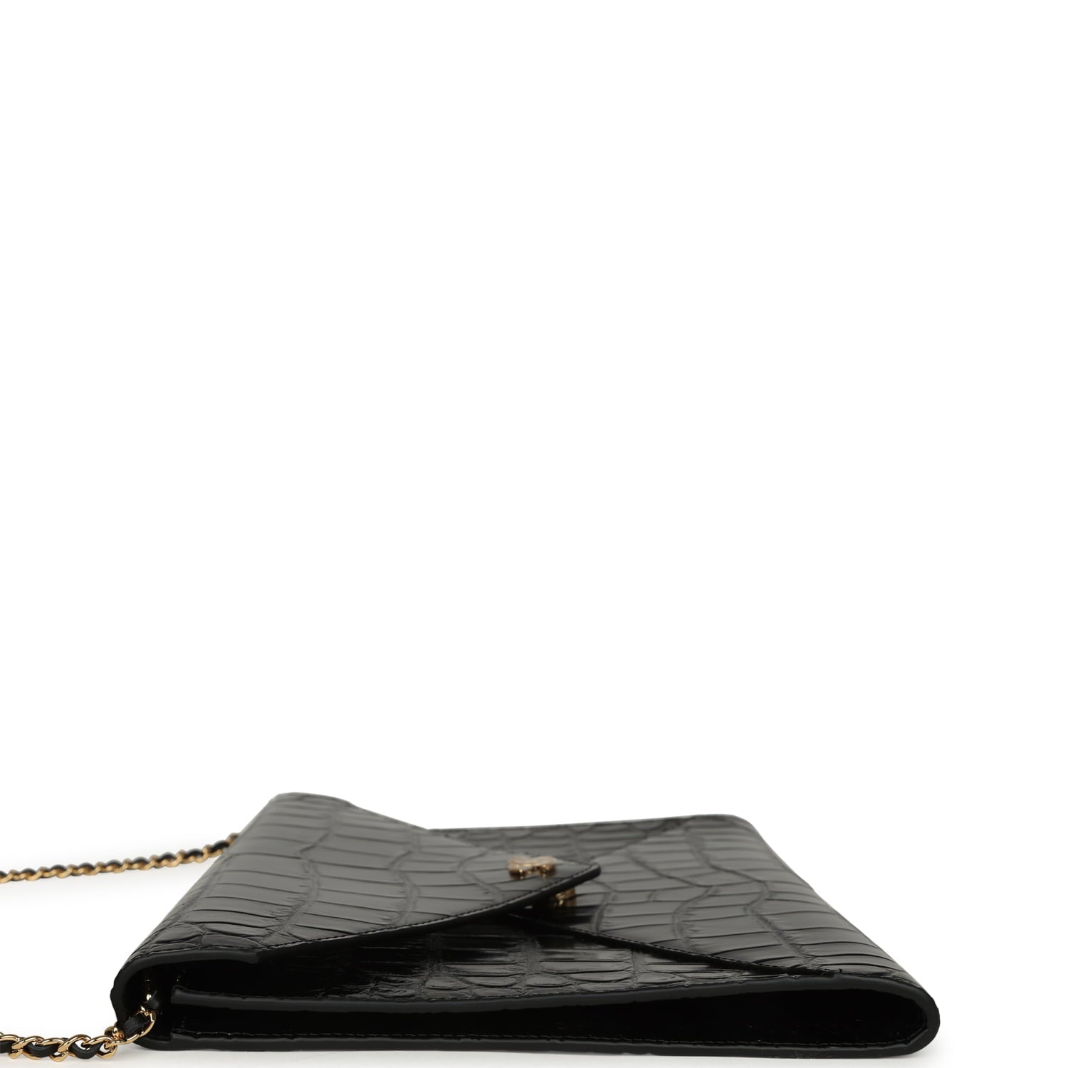 Envelope Clutch with Chain Black Croc Embossed Calfskin Gold Hardware