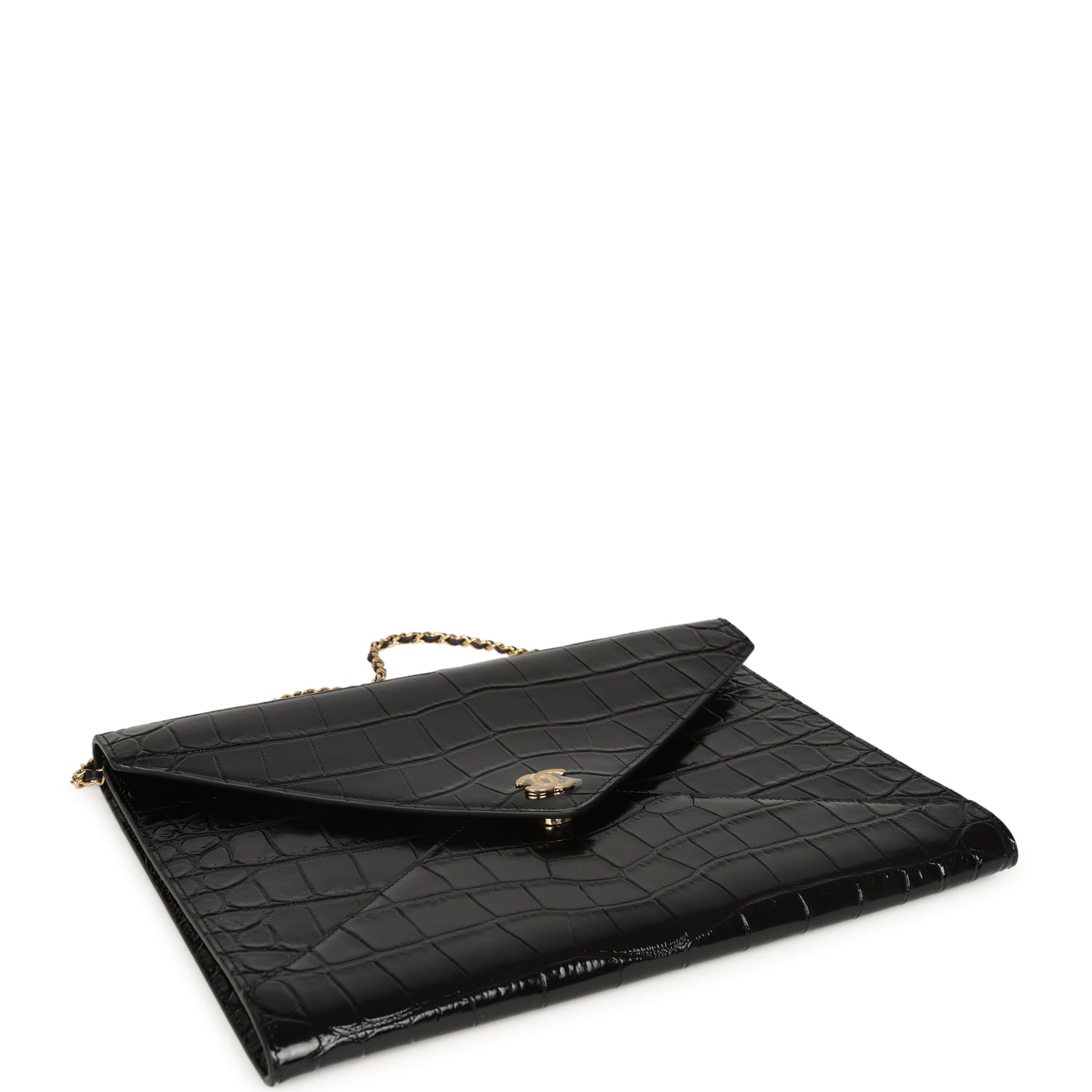 Envelope Clutch with Chain Black Croc Embossed Calfskin Gold Hardware