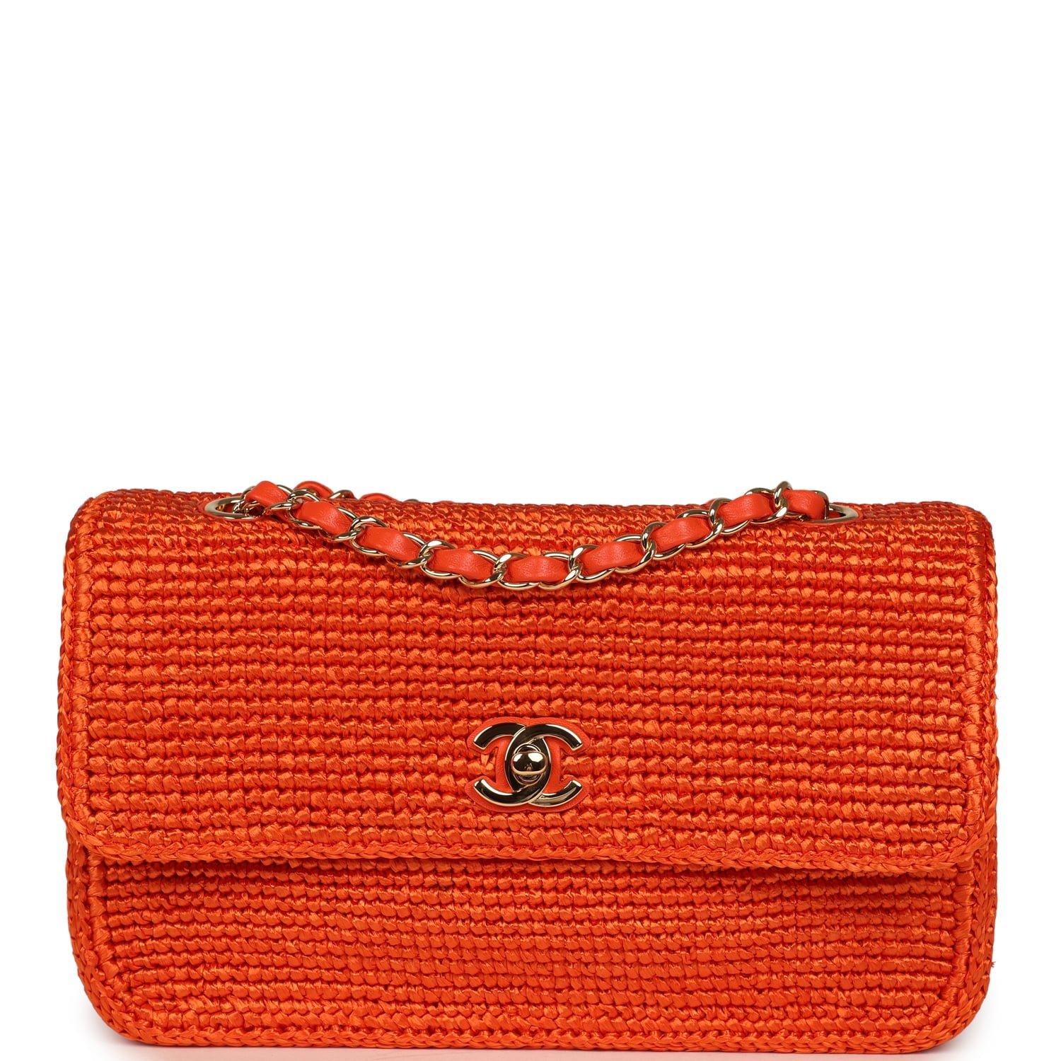 Small Coco Beach Small Flap Bag Orange Braided Raffia Gold Hardware