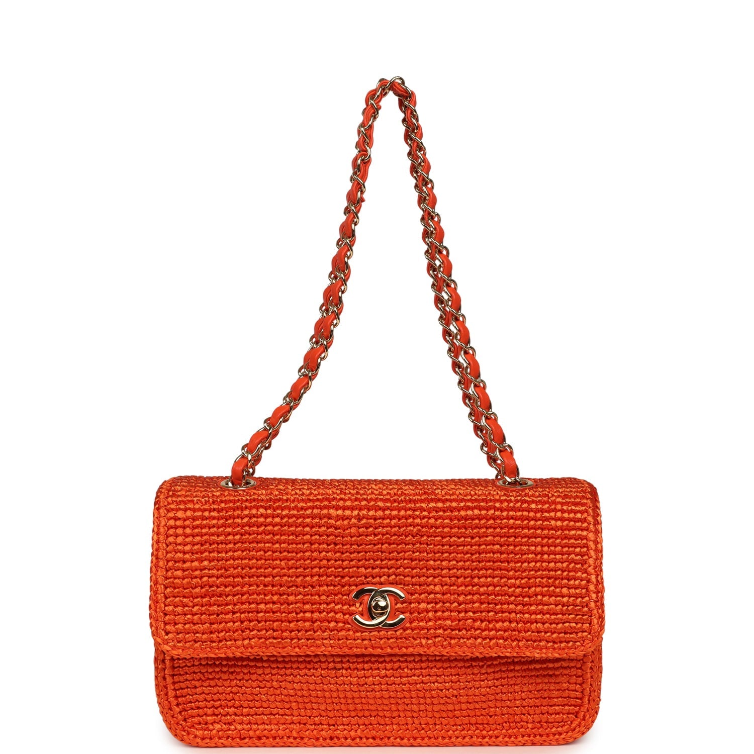 Small Coco Beach Small Flap Bag Orange Braided Raffia Gold Hardware