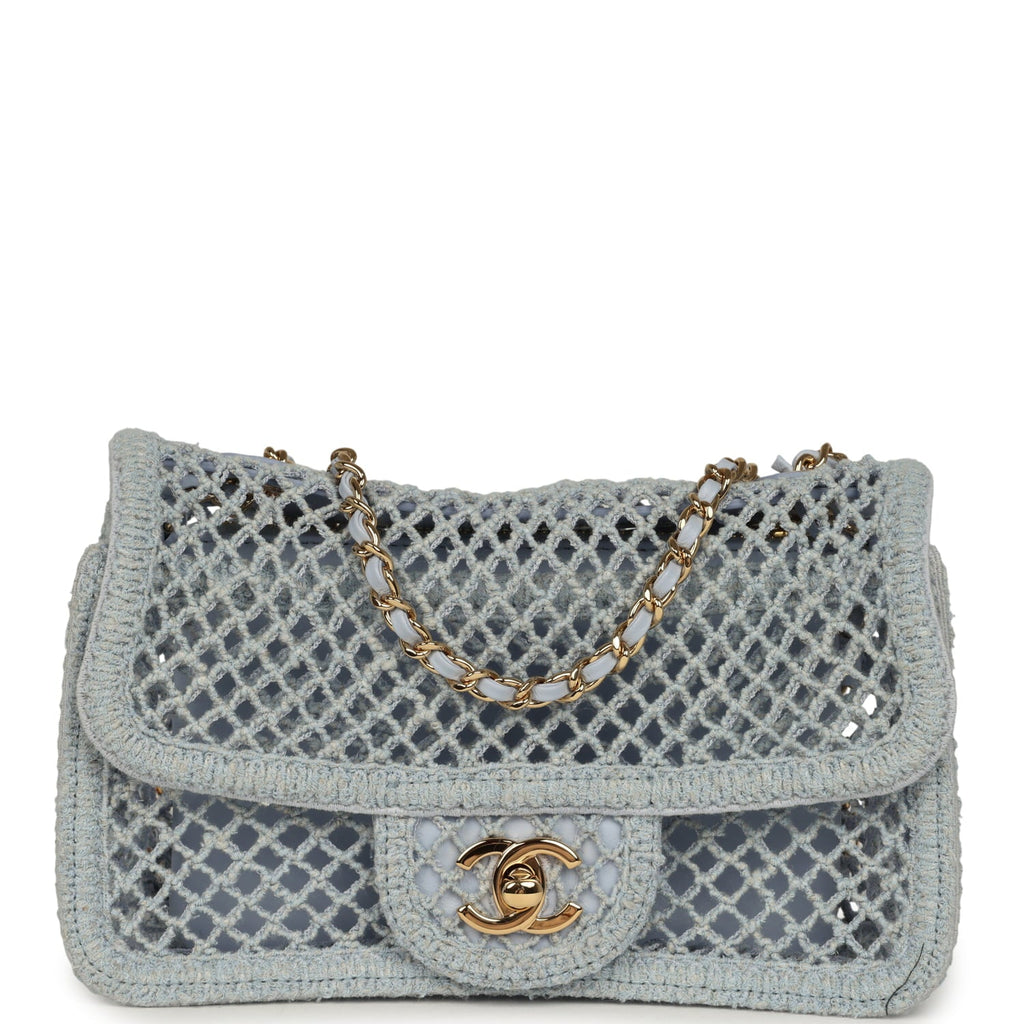 Small Coco Beach Macrame Flap Bag Light Blue Mesh Gold Hardware