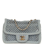 Small Coco Beach Macrame Flap Bag Light Blue Mesh Gold Hardware