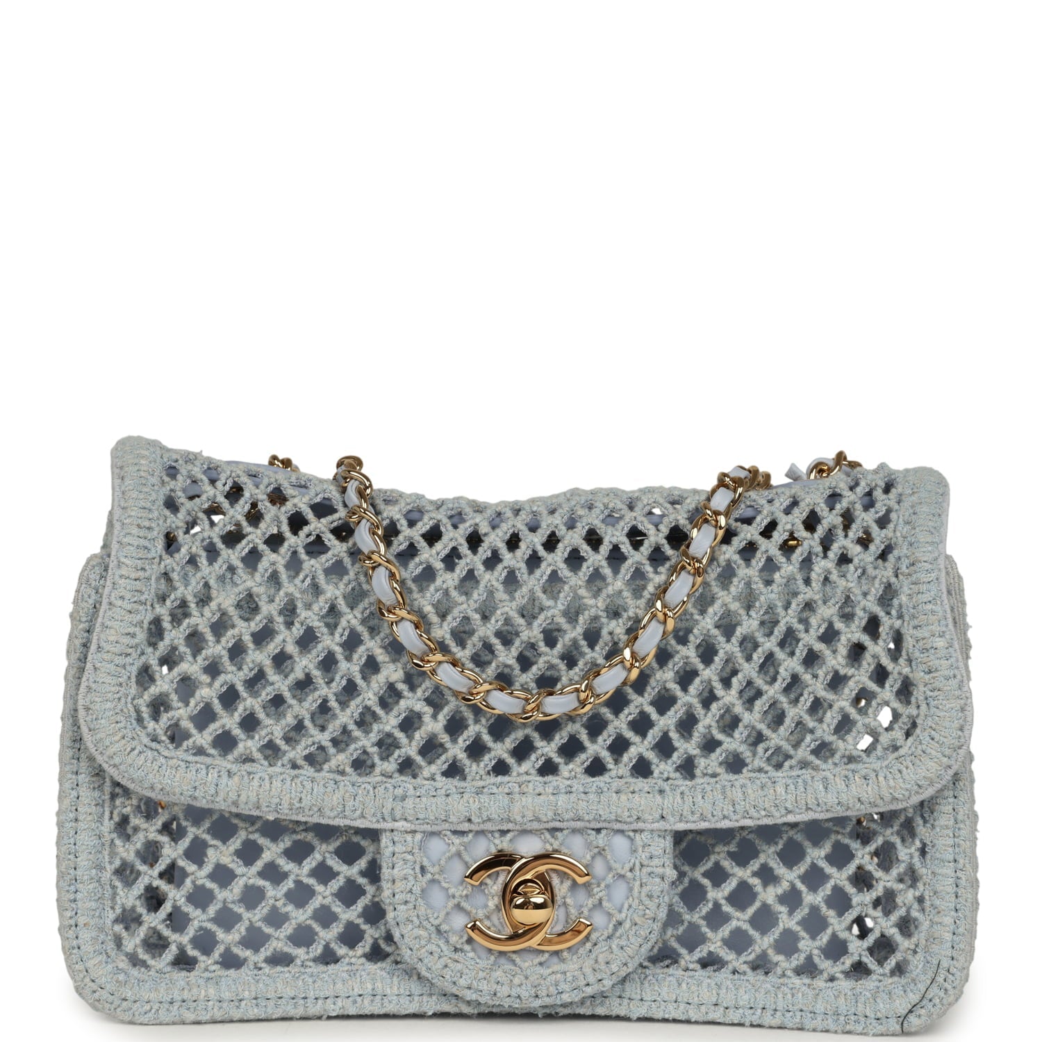 Small Coco Beach Macrame Flap Bag Light Blue Mesh Gold Hardware