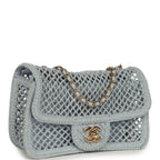 Small Coco Beach Macrame Flap Bag Light Blue Mesh Gold Hardware