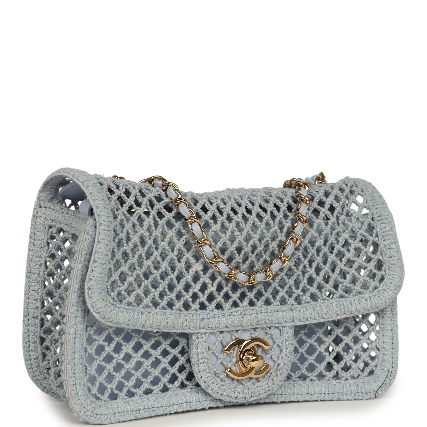 Small Coco Beach Macrame Flap Bag Light Blue Mesh Gold Hardware
