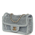 Small Coco Beach Macrame Flap Bag Light Blue Mesh Gold Hardware
