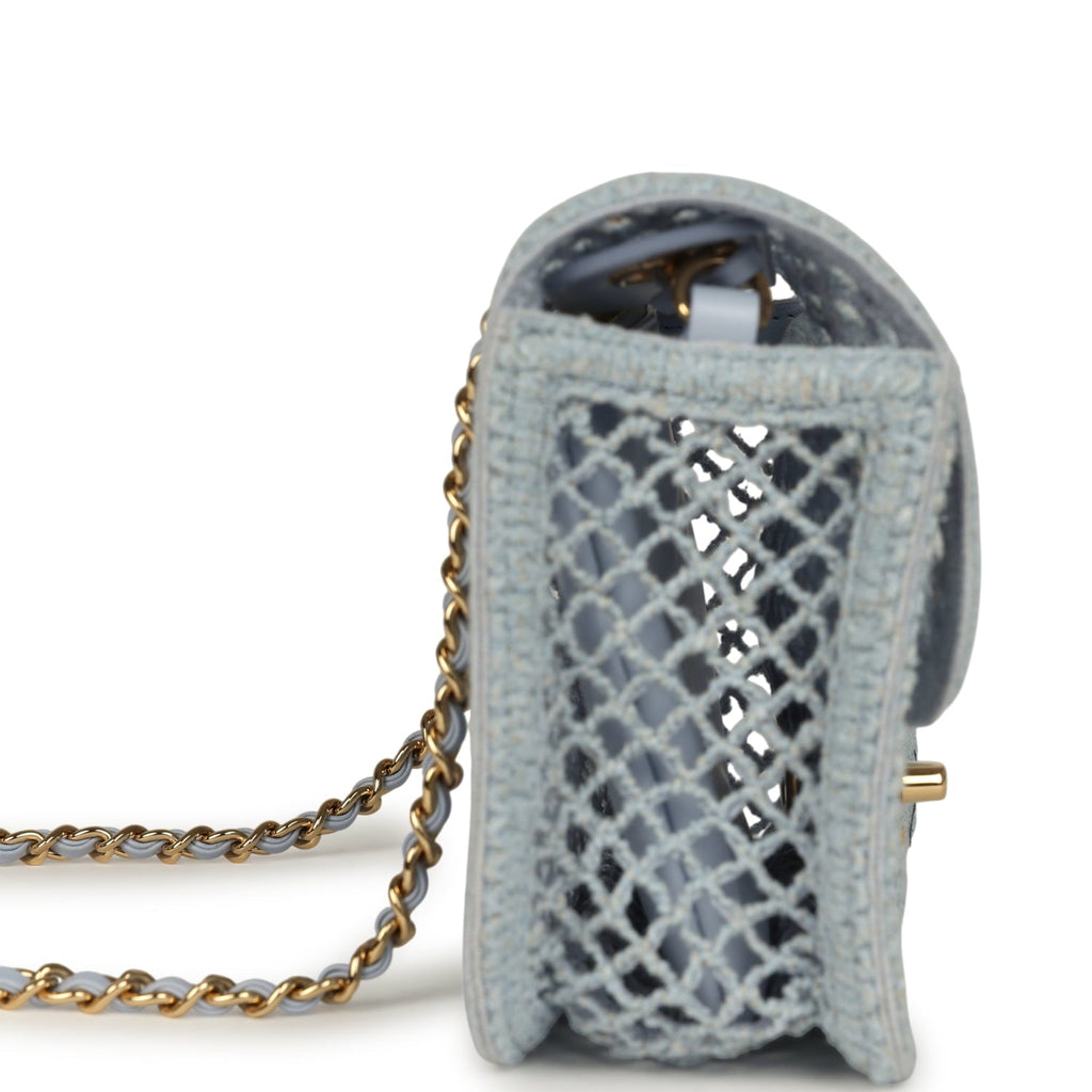 Small Coco Beach Macrame Flap Bag Light Blue Mesh Gold Hardware