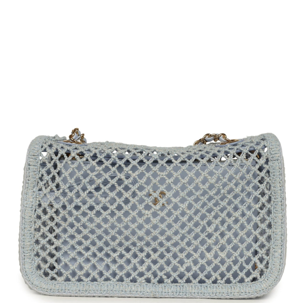 Small Coco Beach Macrame Flap Bag Light Blue Mesh Gold Hardware