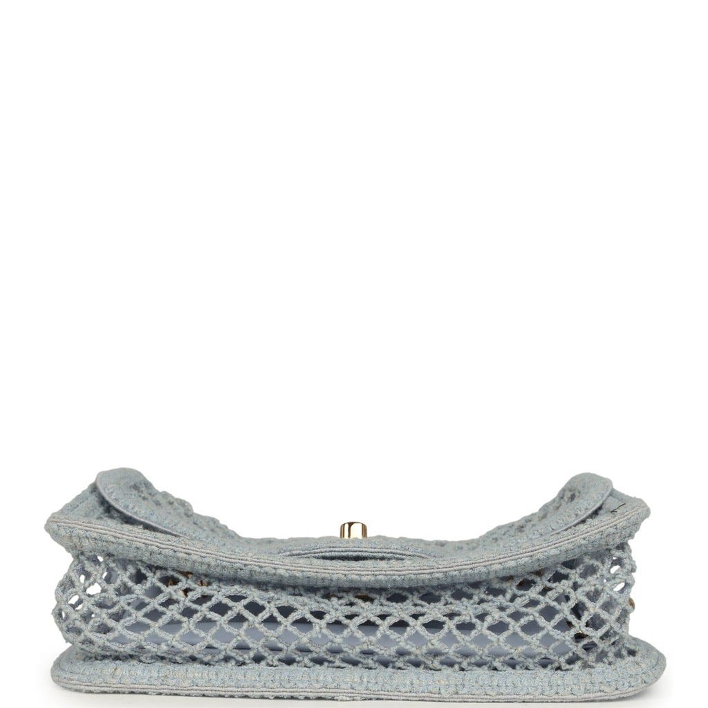Small Coco Beach Macrame Flap Bag Light Blue Mesh Gold Hardware