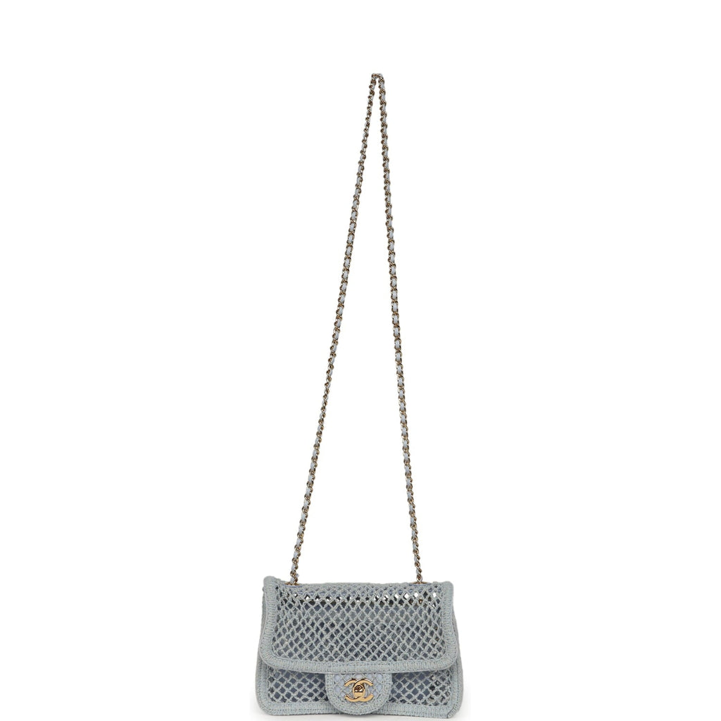 Small Coco Beach Macrame Flap Bag Light Blue Mesh Gold Hardware