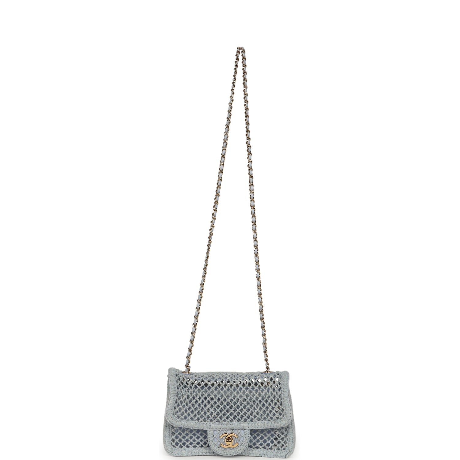 Small Coco Beach Macrame Flap Bag Light Blue Mesh Gold Hardware