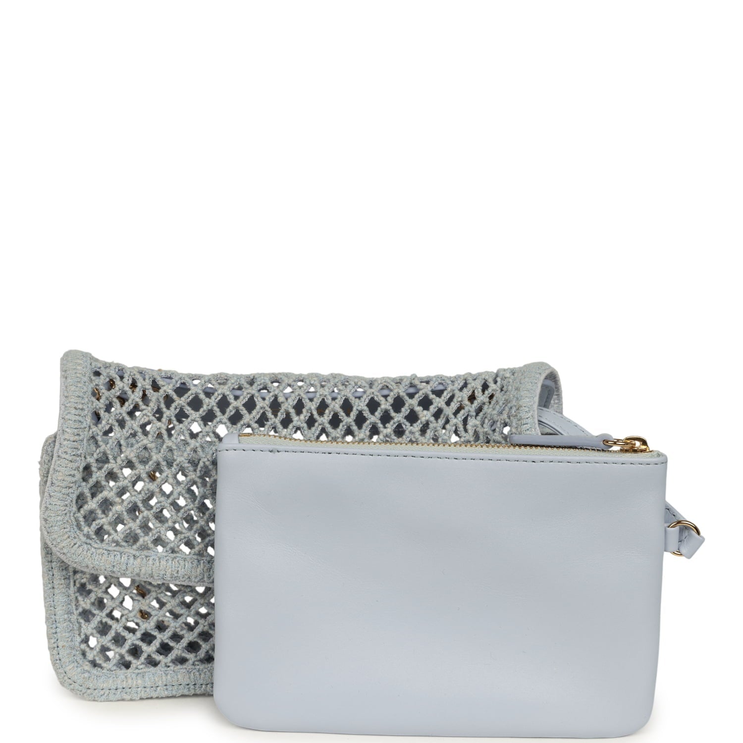 Small Coco Beach Macrame Flap Bag Light Blue Mesh Gold Hardware