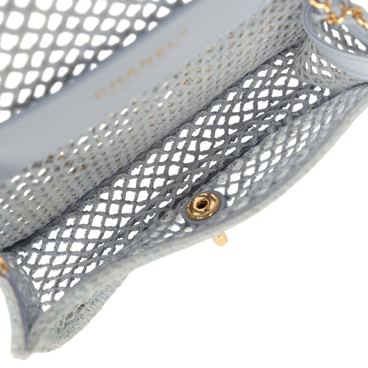 Small Coco Beach Macrame Flap Bag Light Blue Mesh Gold Hardware