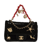 Small Coco Beach Macrame Charms Flap Bag Black Mesh Gold Hardware