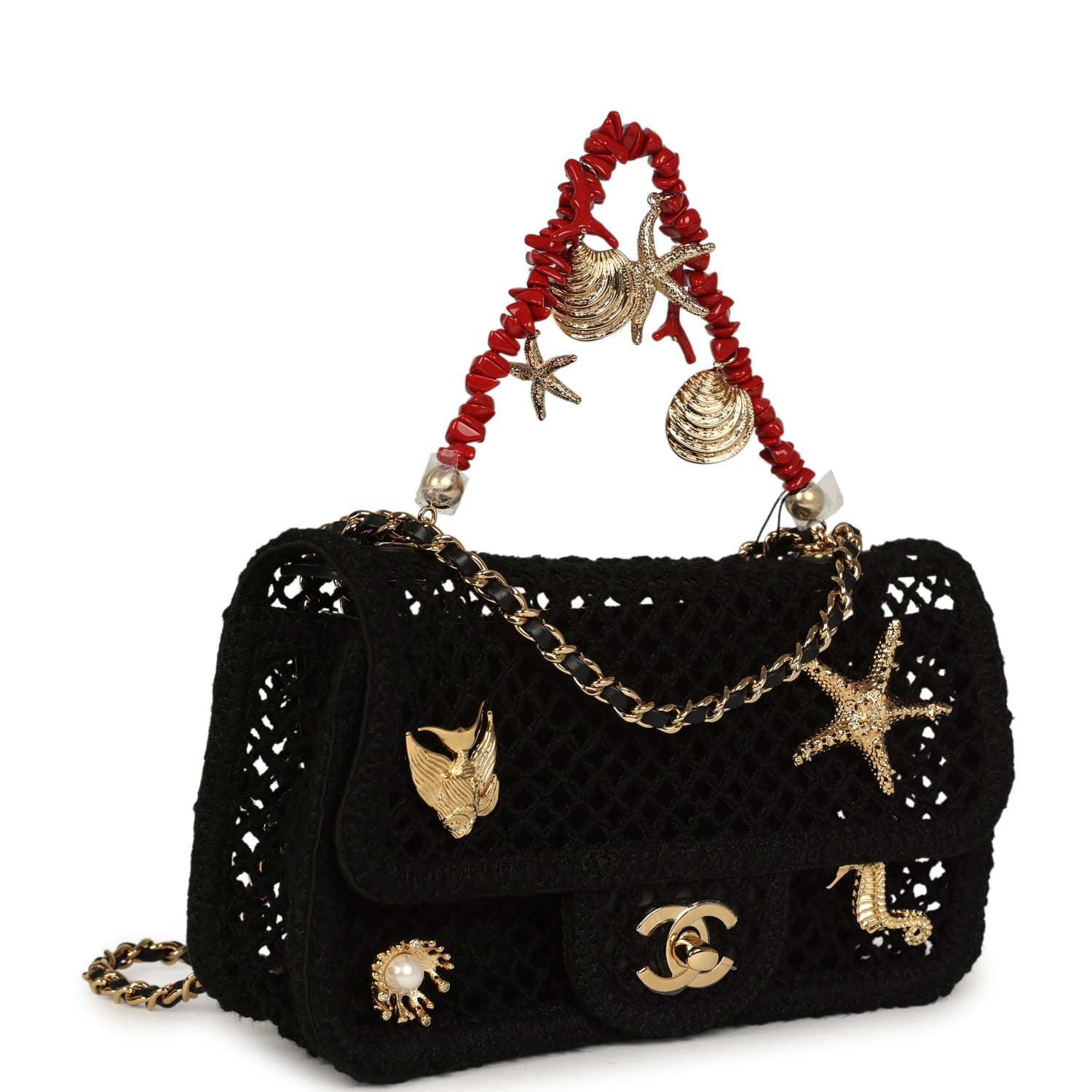 Small Coco Beach Macrame Charms Flap Bag Black Mesh Gold Hardware