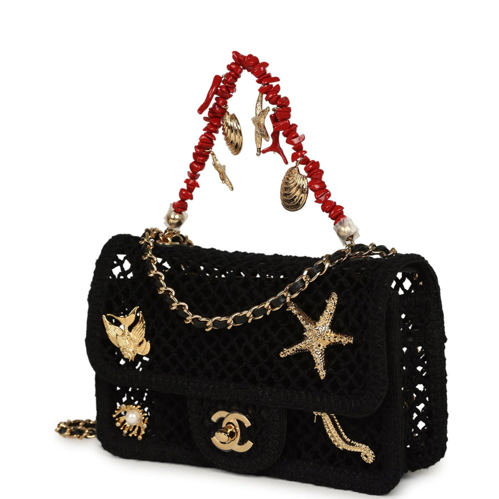 Small Coco Beach Macrame Charms Flap Bag Black Mesh Gold Hardware